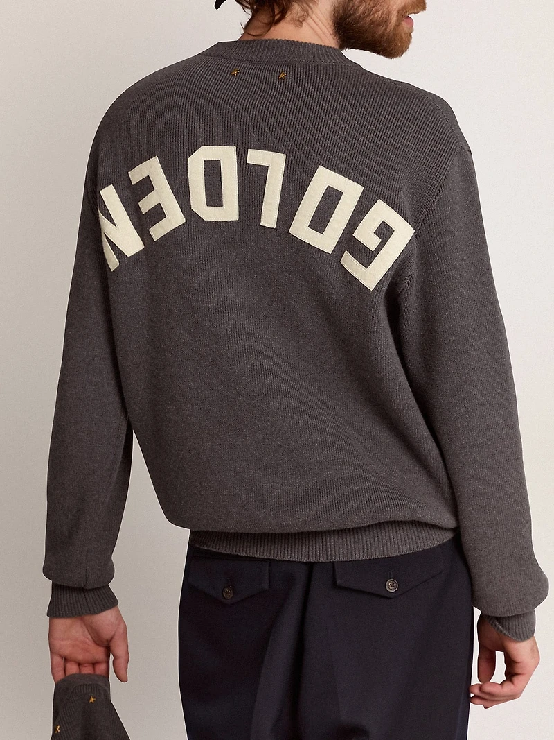 Men's round-neck sweater dark gray cotton with logo on the back