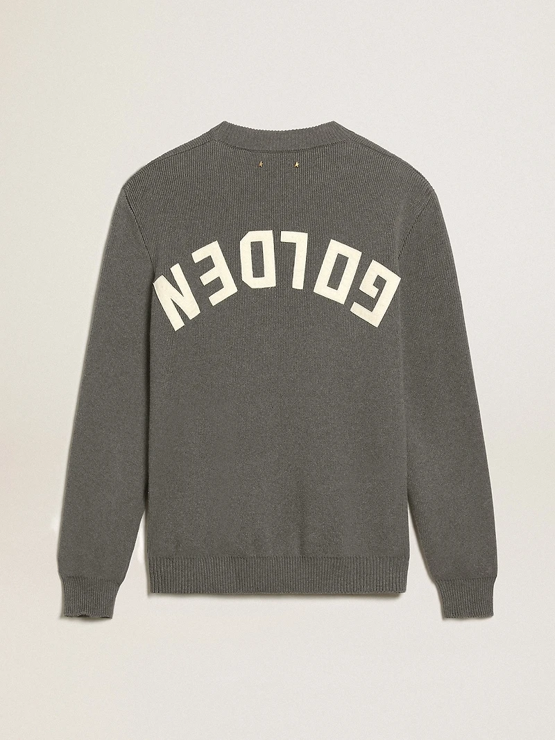 Men's round-neck sweater dark gray cotton with logo on the back
