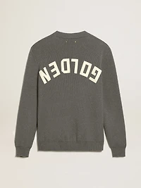 Men's round-neck sweater dark gray cotton with logo on the back
