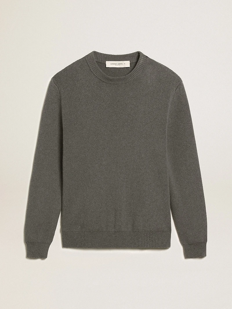 Men's round-neck sweater dark gray cotton with logo on the back