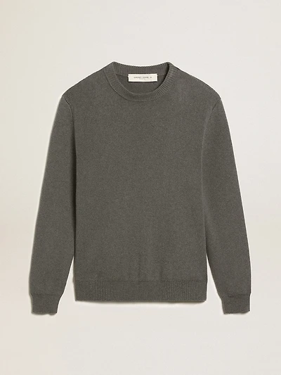 Men's round-neck sweater dark gray cotton with logo on the back