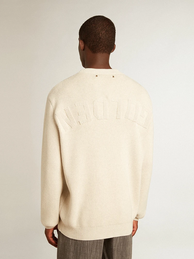 Men’s round-neck sweater panama-colored cotton with logo on the back