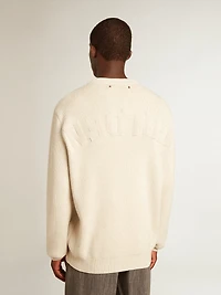 Men’s round-neck sweater panama-colored cotton with logo on the back