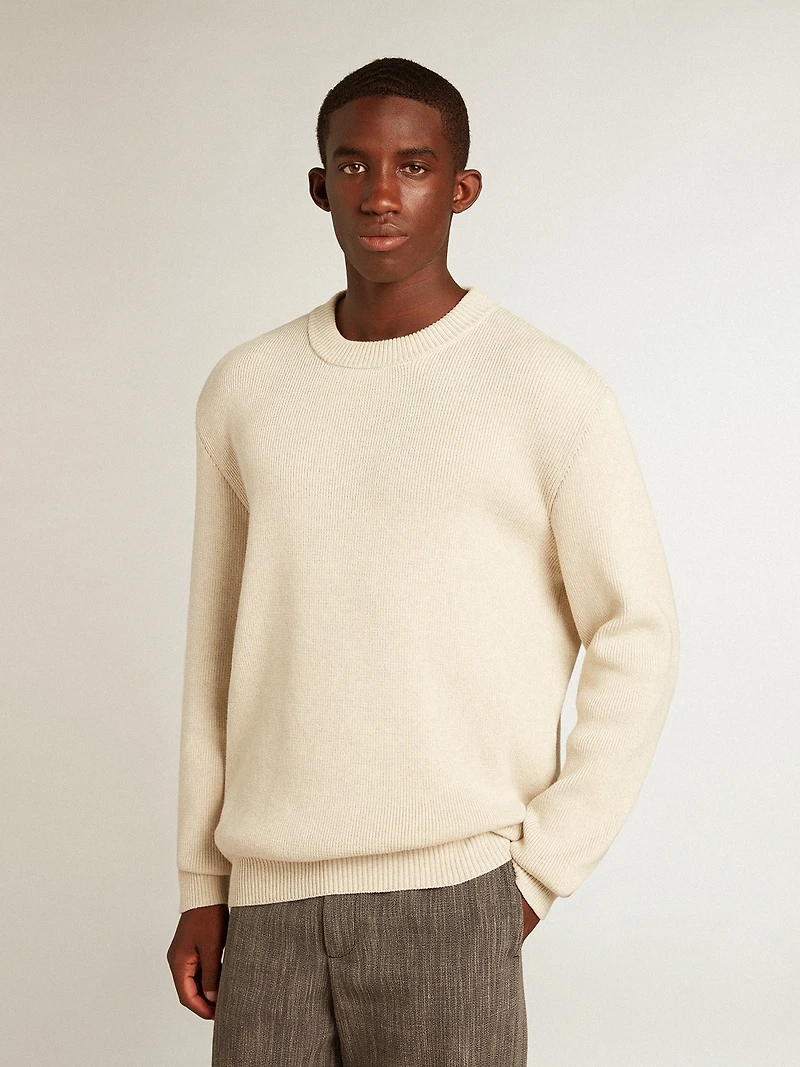 Men’s round-neck sweater panama-colored cotton with logo on the back