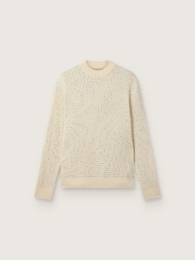 Men's crew-neck sweater white merino wool with all-over crystals