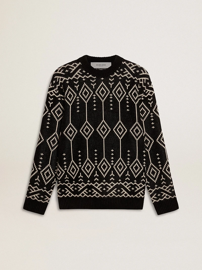 Men’s crew neck wool blend sweater with jacquard argyle design
