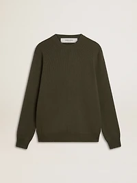 Men's military green crew neck sweater with 'Golden' lettering on the back