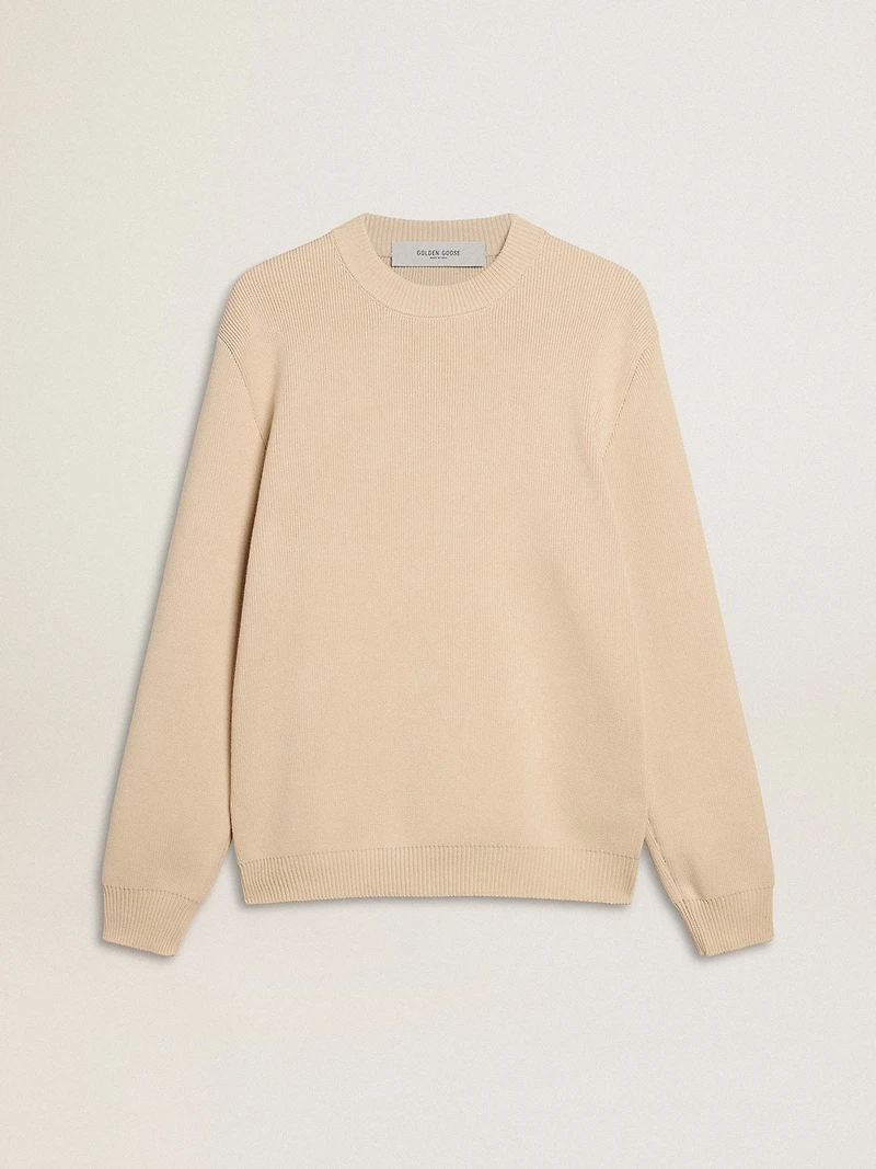 Men’s beige crew neck sweater with ‘Golden’ lettering on the back