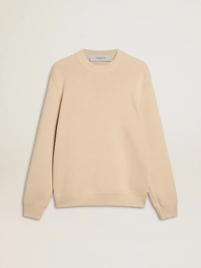 Men’s beige crew neck sweater with ‘Golden’ lettering on the back