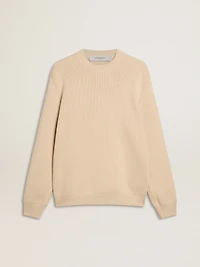 Men’s beige crew neck sweater with ‘Golden’ lettering on the back