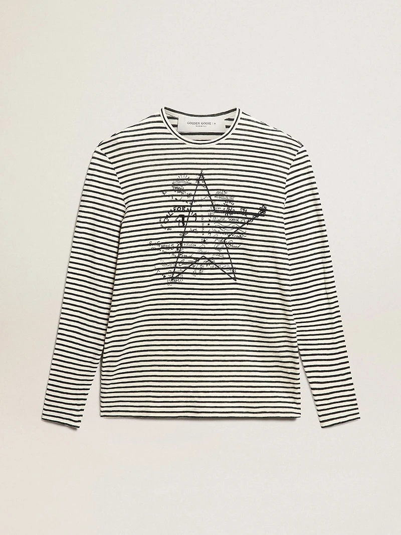 Men's T-shirt with white and blue stripes embroidery on the front