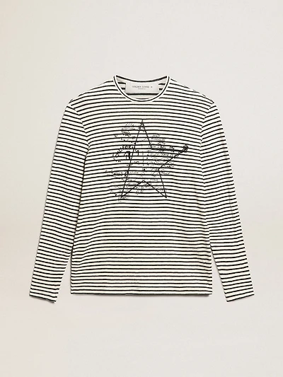 Men's T-shirt with white and blue stripes and embroidery on the front