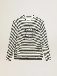 Men's T-shirt with white and blue stripes embroidery on the front