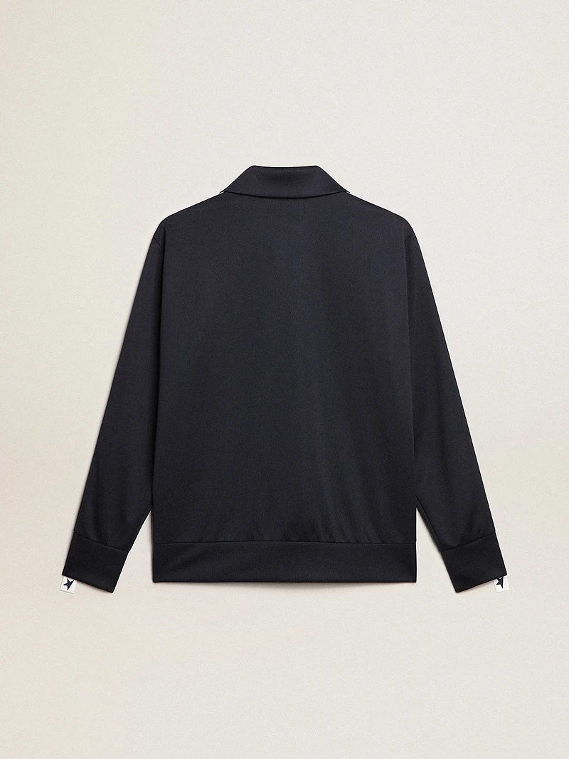Dark blue sweatshirt with white strip and contrasting blue stars