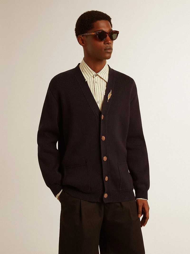 Golden Collection cardigan dark blue cotton with a distressed finish