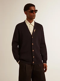 Golden Collection cardigan dark blue cotton with a distressed finish