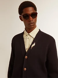 Golden Collection cardigan dark blue cotton with a distressed finish
