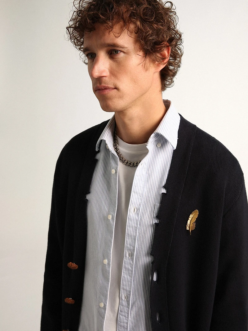 Golden Collection cardigan dark blue cotton with a distressed finish