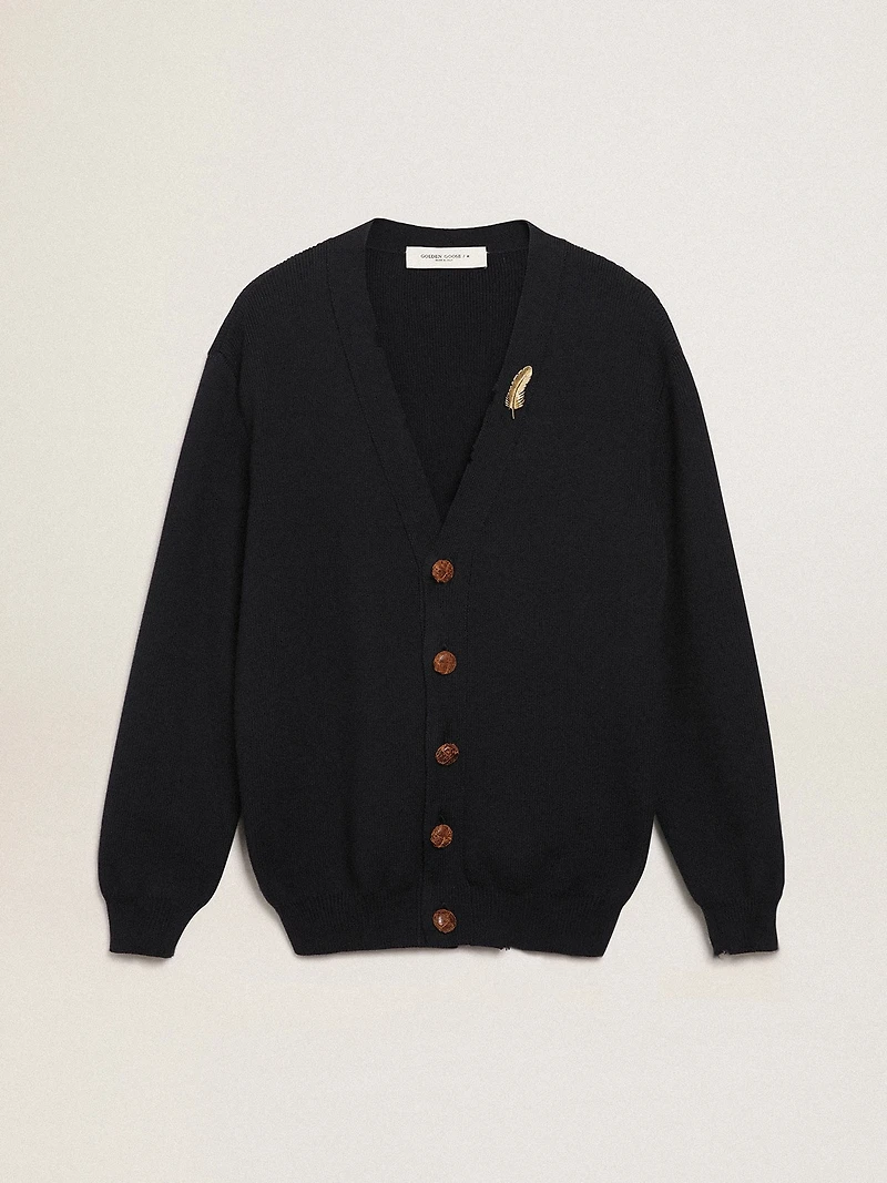 Golden Collection cardigan dark blue cotton with a distressed finish