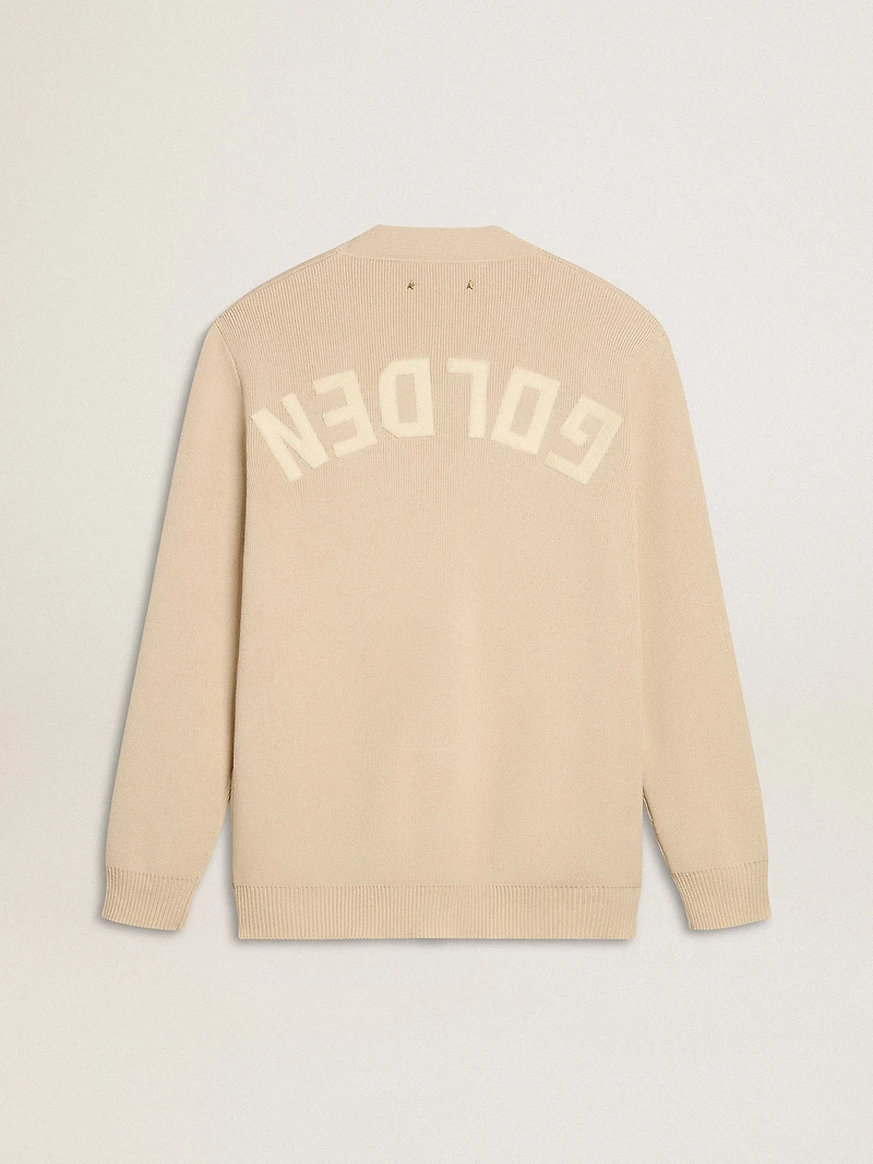 Men’s beige cardigan with 'Golden' lettering on the back
