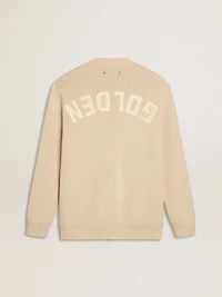 Men’s beige cardigan with 'Golden' lettering on the back