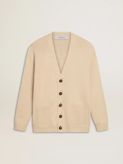 Men’s beige cardigan with 'Golden' lettering on the back