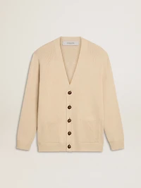 Men’s beige cardigan with 'Golden' lettering on the back