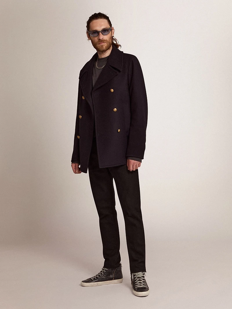 Men's double-breasted coat dark blue wool with gold buttons