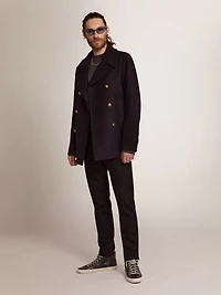 Men's double-breasted coat dark blue wool with gold buttons