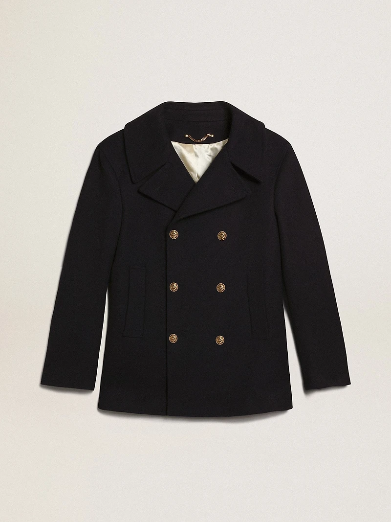 Men's double-breasted coat dark blue wool with gold buttons