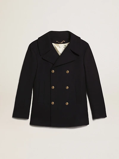 Men's double-breasted coat dark blue wool with gold buttons