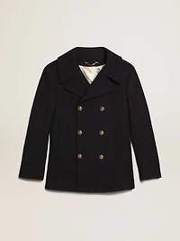 Men's double-breasted coat dark blue wool with gold buttons