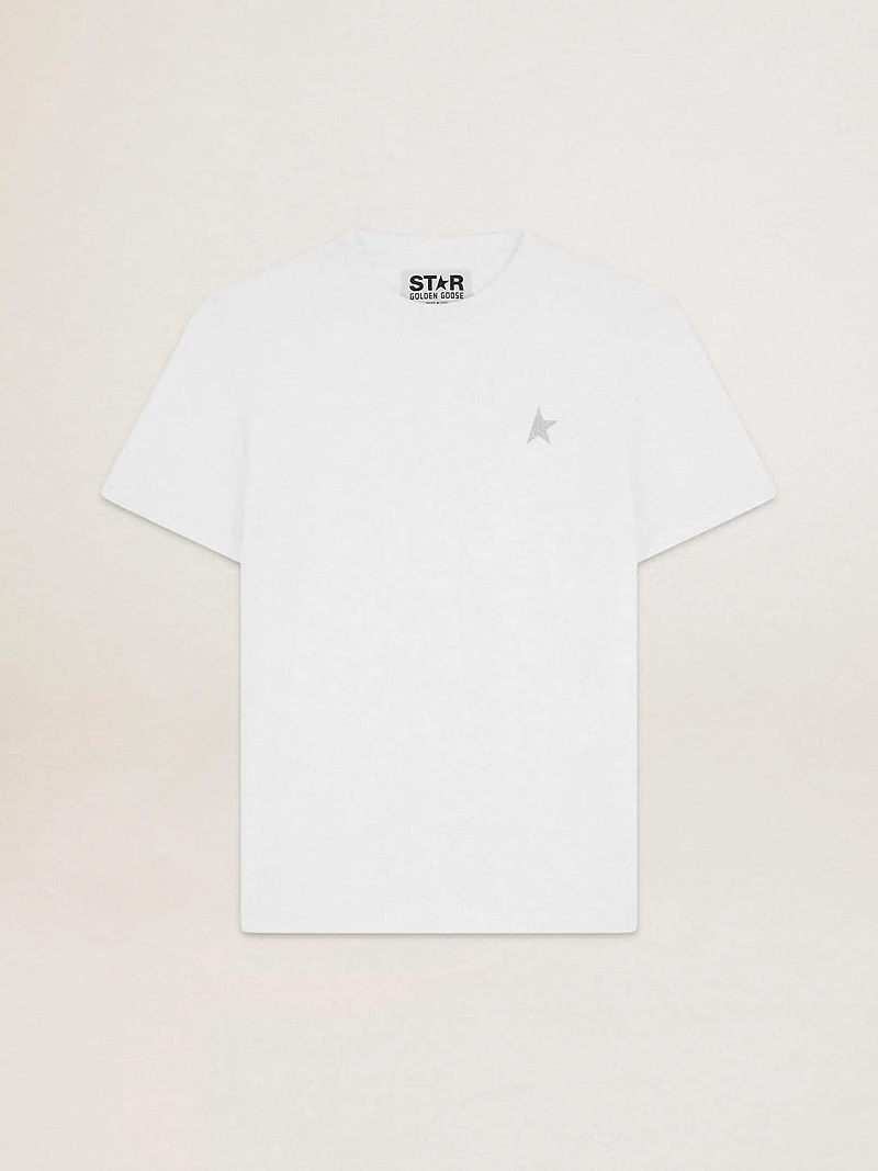 Men's white T-shirt with silver glitter star on the front