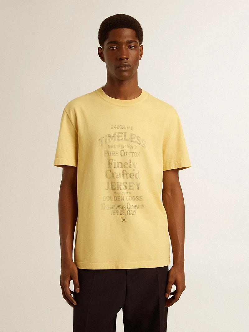 Men's cotton T-shirt pale yellow with faded lettering