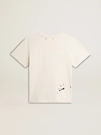 Men's T-shirt in aged white cotton with print and embroidery