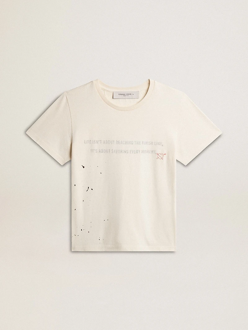 Men's T-shirt in aged white cotton with print and embroidery