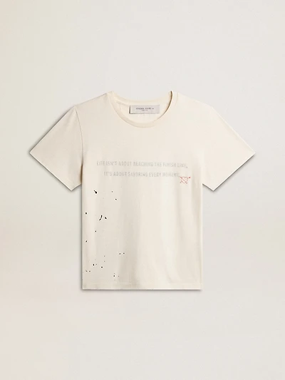 Men's T-shirt in aged white cotton with print and embroidery