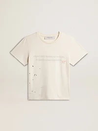Men's T-shirt in aged white cotton with print and embroidery