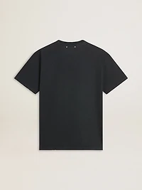 Men’s worn-black cotton T-shirt with print on the front
