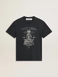 Men’s worn-black cotton T-shirt with print on the front