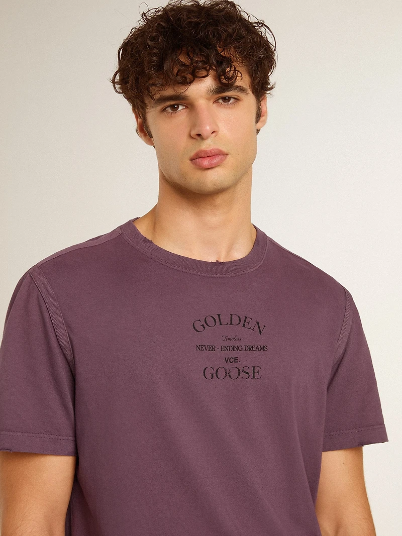 Men’s cotton T-shirt worn purple with logo print