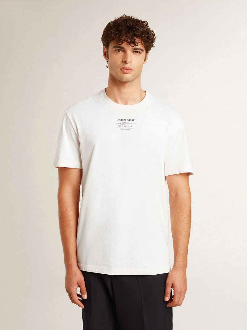 Men's worn-white cotton T-shirt with black lettering