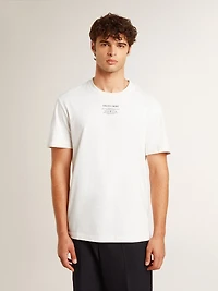 Men's worn-white cotton T-shirt with black lettering