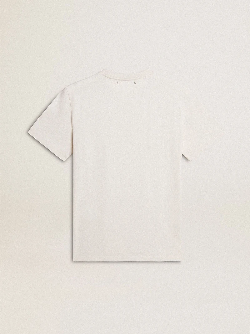 Men's worn-white cotton T-shirt with black lettering