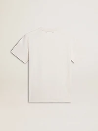 Men's worn-white cotton T-shirt with black lettering