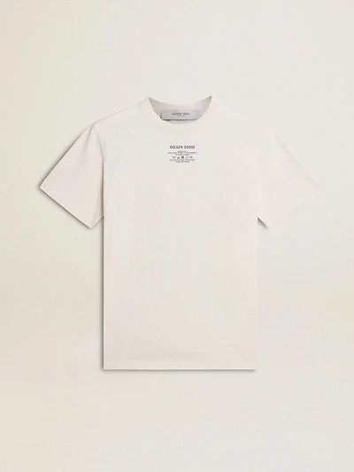 Men's worn-white cotton T-shirt with black lettering