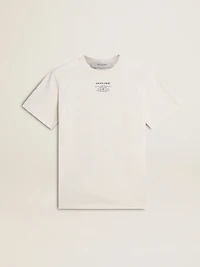 Men's worn-white cotton T-shirt with black lettering