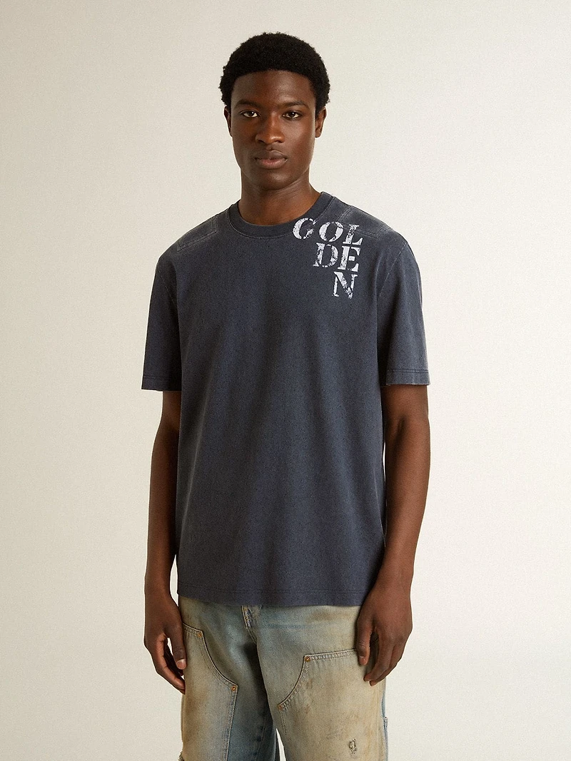 Men's blue T-shirt with white print 