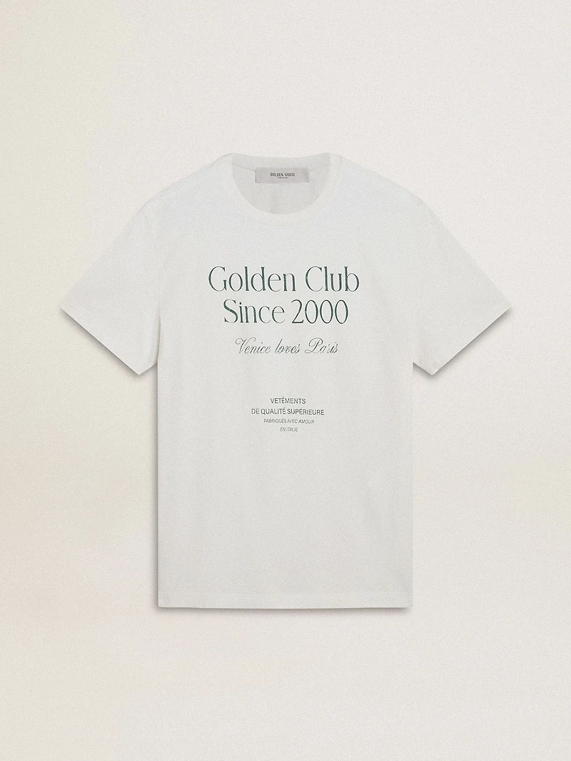 Men's white cotton T-shirt with green print