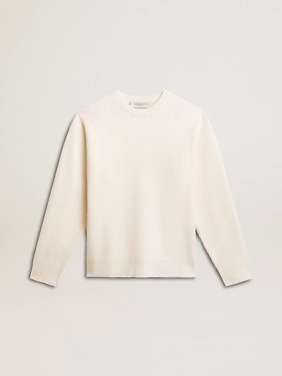 Men's crew-neck sweater worn white ribbed wool